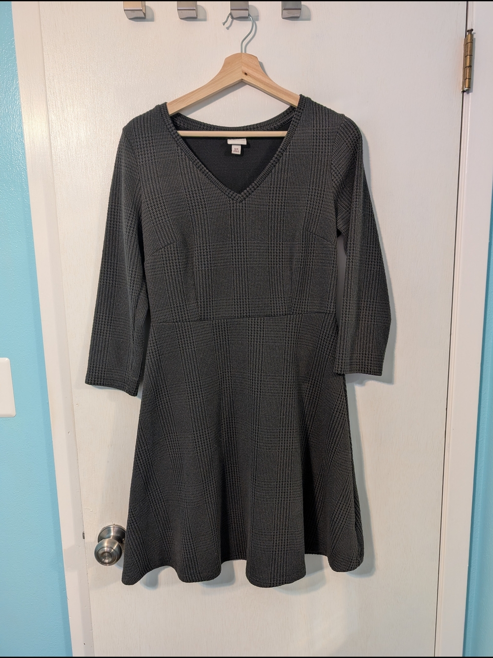 Merona Charcoal Plaid V-Neck Long Sleeve Fit-&-Flare Dress